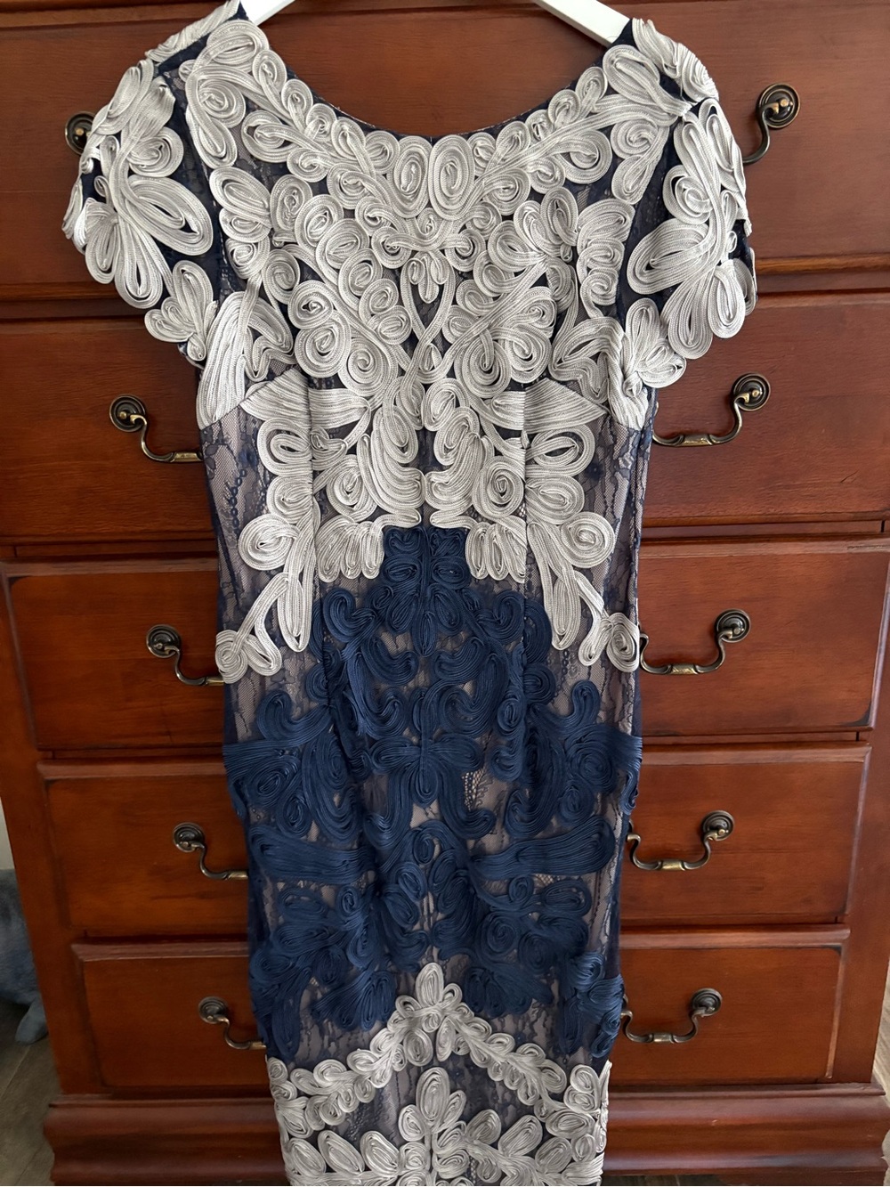JS Collections Navy and Silver Embroidered Lace Sheath Dress